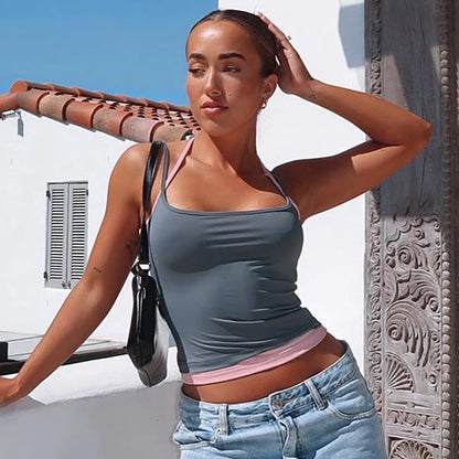 2025 Spring New Adjustable Straps Halter Clash Color Fake Two Piece Square Neck Backless Solid Hottie Girl Style Top