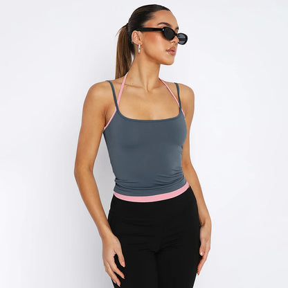 2025 Spring New Adjustable Straps Halter Clash Color Fake Two Piece Square Neck Backless Solid Hottie Girl Style Top