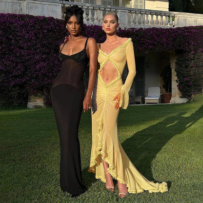 Spring Color Mesh See Through Low Cut Sexy Floor Tassel Long Sleeve Evening Maxi Dress