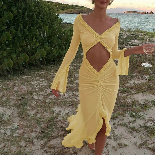 Spring Color Mesh See Through Low Cut Sexy Floor Tassel Long Sleeve Evening Maxi Dress