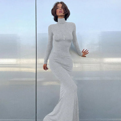 Simple High Collar Long Sleeve Basic Fishtail Prom Occasion Slim Streetwear Black Maxi Dress For Autumn