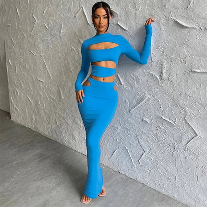 2025 Autumn Winter Party Night Club Streetwear Cut Out Crop Top Long Skirt Sets Maxi Dress