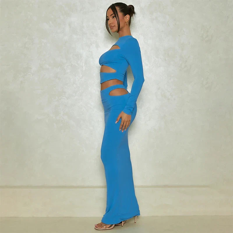2025 Autumn Winter Party Night Club Streetwear Cut Out Crop Top Long Skirt Sets Maxi Dress