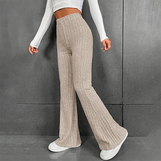Fall New 2025 Solid Wide Pit Stripe Casual Knitted Wide-Legged Pants For Women Keep Warm In Autumn And Winter Streetwea