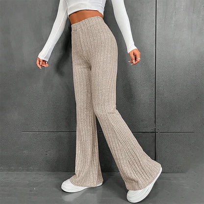 Fall New 2025 Solid Wide Pit Stripe Casual Knitted Wide-Legged Pants For Women Keep Warm In Autumn And Winter Streetwea