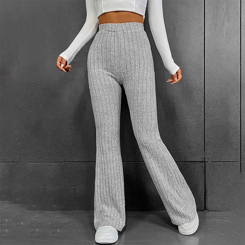 Fall New 2025 Solid Wide Pit Stripe Casual Knitted Wide-Legged Pants For Women Keep Warm In Autumn And Winter Streetwea