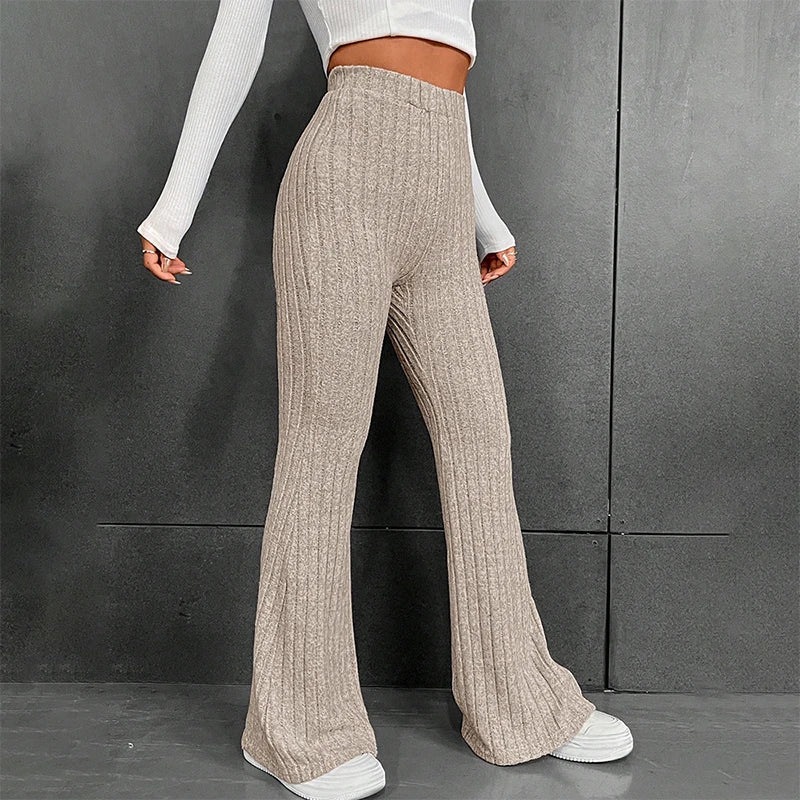 Fall New 2025 Solid Wide Pit Stripe Casual Knitted Wide-Legged Pants For Women Keep Warm In Autumn And Winter Streetwea