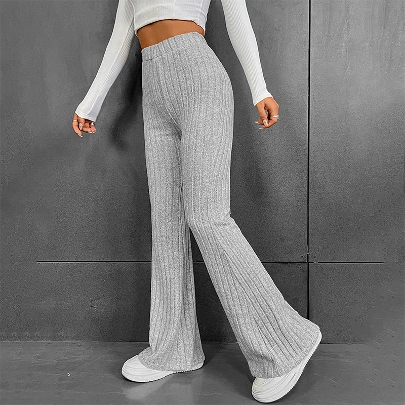 Fall New 2025 Solid Wide Pit Stripe Casual Knitted Wide-Legged Pants For Women Keep Warm In Autumn And Winter Streetwea
