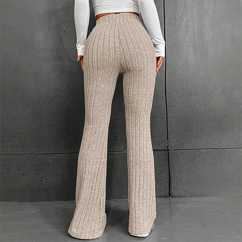 Fall New 2025 Solid Wide Pit Stripe Casual Knitted Wide-Legged Pants For Women Keep Warm In Autumn And Winter Streetwea