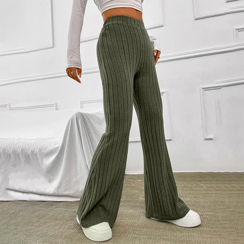 Fall New 2025 Solid Wide Pit Stripe Casual Knitted Wide-Legged Pants For Women Keep Warm In Autumn And Winter Streetwea
