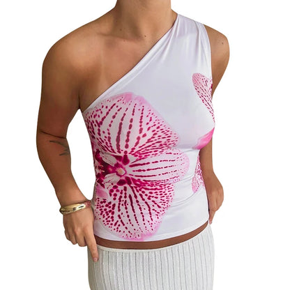Floral Print Fitted Tops Women Resort Wear Graphic Tees Summer 2025 Casual One Shoulder Slash Backless Tank Top