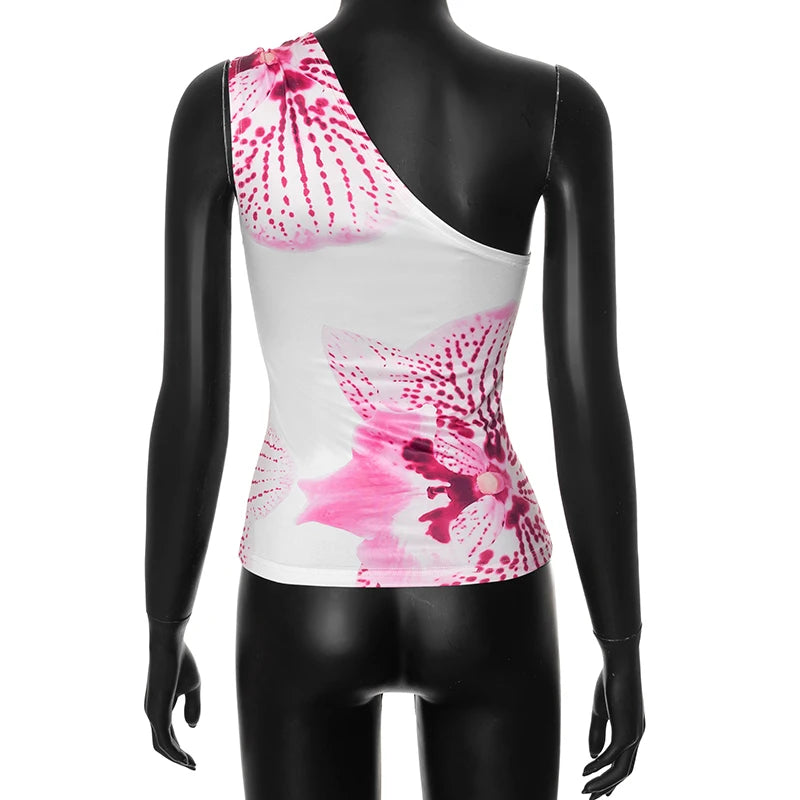 Floral Print Fitted Tops Women Resort Wear Graphic Tees Summer 2025 Casual One Shoulder Slash Backless Tank Top