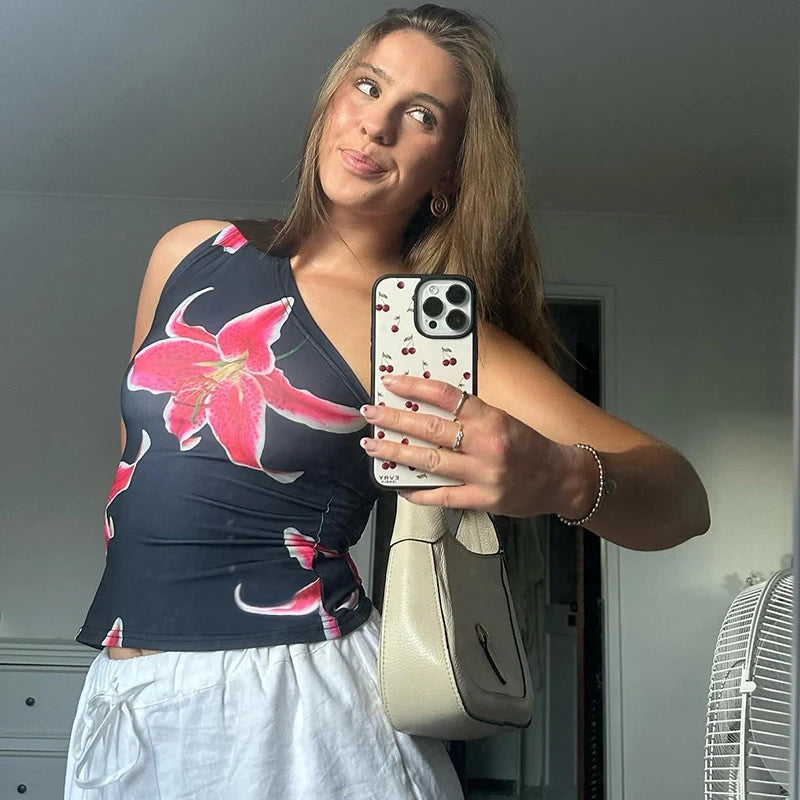 Floral Print Fitted Tops Women Resort Wear Graphic Tees Summer 2025 Casual One Shoulder Slash Backless Tank Top