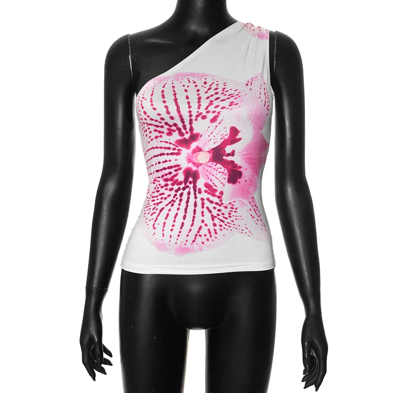 Floral Print Fitted Tops Women Resort Wear Graphic Tees Summer 2025 Casual One Shoulder Slash Backless Tank Top