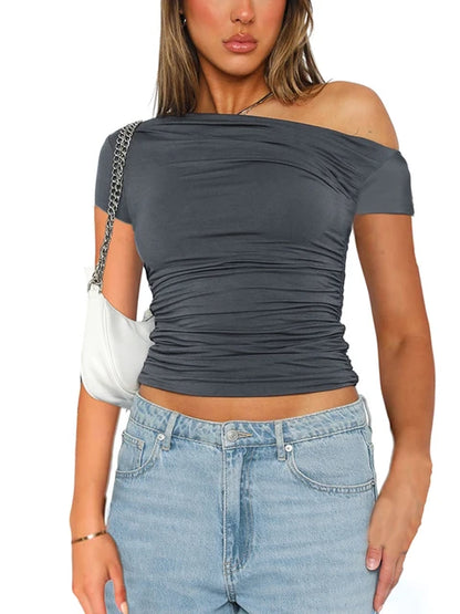High Elasticity Fabric Solid Color Slash Shoulder Short Sleeve Pleated Navel Reveal Top Casual Tops for Women