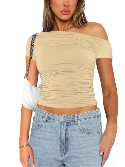 High Elasticity Fabric Solid Color Slash Shoulder Short Sleeve Pleated Navel Reveal Top Casual Tops for Women