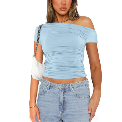 High Elasticity Fabric Solid Color Slash Shoulder Short Sleeve Pleated Navel Reveal Top Casual Tops for Women