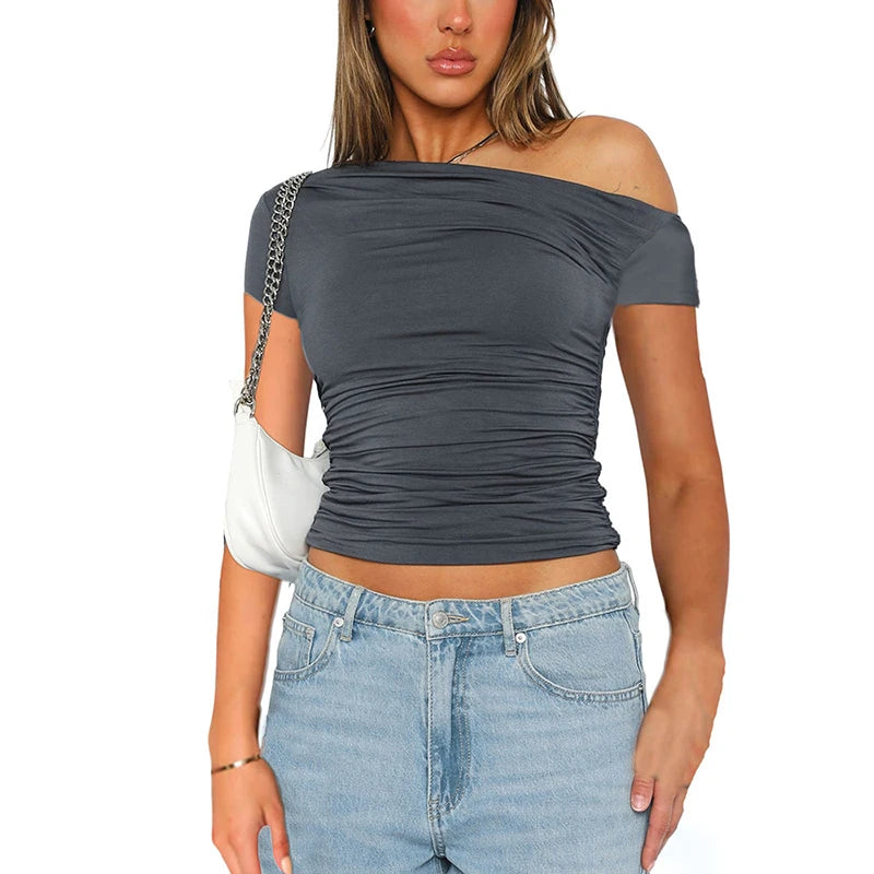 High Elasticity Fabric Solid Color Slash Shoulder Short Sleeve Pleated Navel Reveal Top Casual Tops for Women