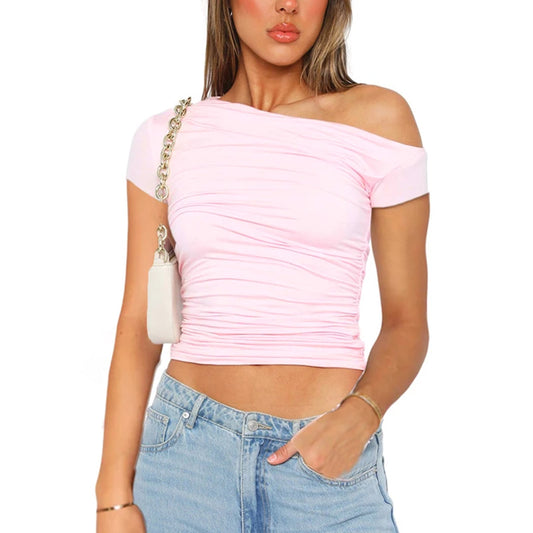 High Elasticity Fabric Solid Color Slash Shoulder Short Sleeve Pleated Navel Reveal Top Casual Tops for Women