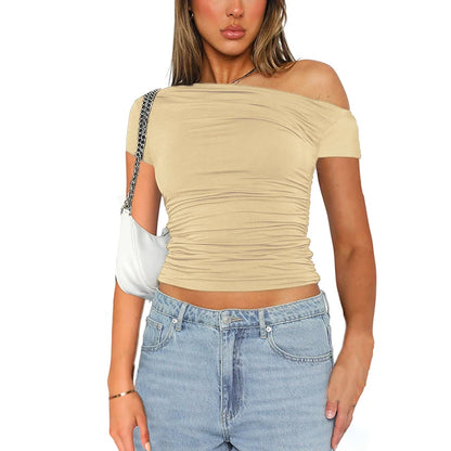 High Elasticity Fabric Solid Color Slash Shoulder Short Sleeve Pleated Navel Reveal Top Casual Tops for Women