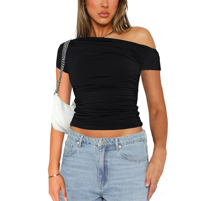 High Elasticity Fabric Solid Color Slash Shoulder Short Sleeve Pleated Navel Reveal Top Casual Tops for Women