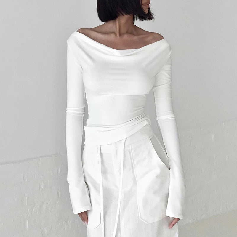Irregular Swing Collar Ruched Off Shoulder Crop Vest Long Sleeve Backless Strappy Women Casual Tops Streetwear In Autum