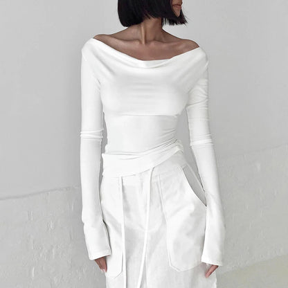 Irregular Swing Collar Ruched Off Shoulder Crop Vest Long Sleeve Backless Strappy Women Casual Tops Streetwear In Autum