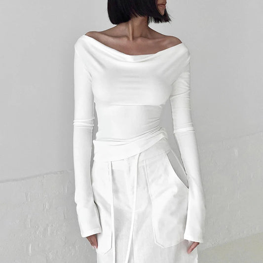 Irregular Swing Collar Ruched Off Shoulder Crop Vest Long Sleeve Backless Strappy Women Casual Tops Streetwear In Autum