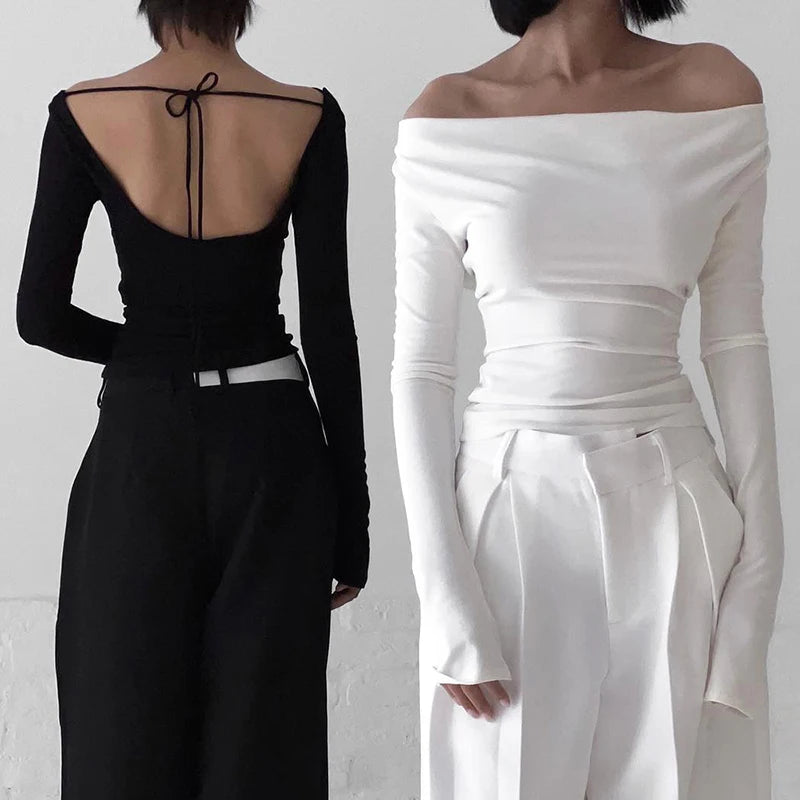 Irregular Swing Collar Ruched Off Shoulder Crop Vest Long Sleeve Backless Strappy Women Casual Tops Streetwear In Autum