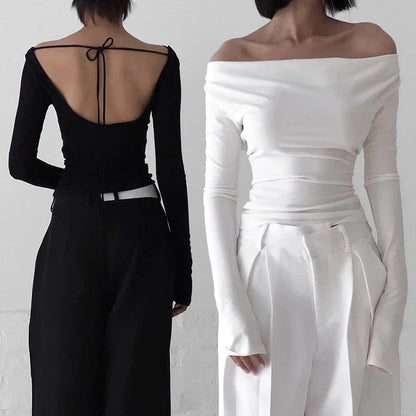 Irregular Swing Collar Ruched Off Shoulder Crop Vest Long Sleeve Backless Strappy Women Casual Tops Streetwear In Autum