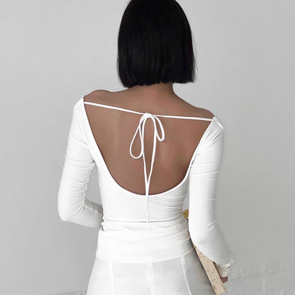Irregular Swing Collar Ruched Off Shoulder Crop Vest Long Sleeve Backless Strappy Women Casual Tops Streetwear In Autum