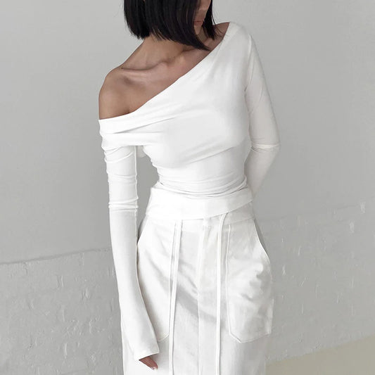 Irregular Swing Collar Ruched Off Shoulder Crop Vest Long Sleeve Backless Strappy Women Casual Tops Streetwear In Autum