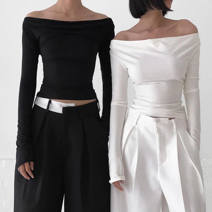 Irregular Swing Collar Ruched Off Shoulder Crop Vest Long Sleeve Backless Strappy Women Casual Tops Streetwear In Autum