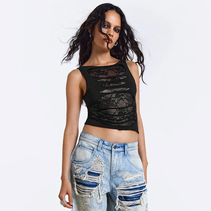 Lace Hollow Fit Tank Top 2025 Summer New Sexy Round Neck Sleeveless Tank Top