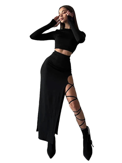 Pullover Long Sleeve Crop Top Elastic Waist Halter High Split Legless Sexy Tie Skirt Set