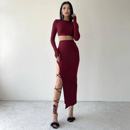Pullover Long Sleeve Crop Top Elastic Waist Halter High Split Legless Sexy Tie Skirt Set