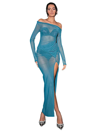 Neck Off Shoulder Mesh See Through High Slit Pullover Long Sleeve Summer Beach Maxi Dress Women Clothes