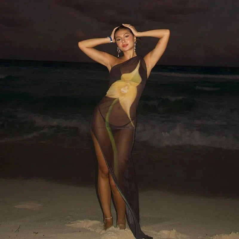 One Shoulder Printed See Through Mesh 2025 Summer High Slit Slim Beach Holiday Sexy Maxi Dress