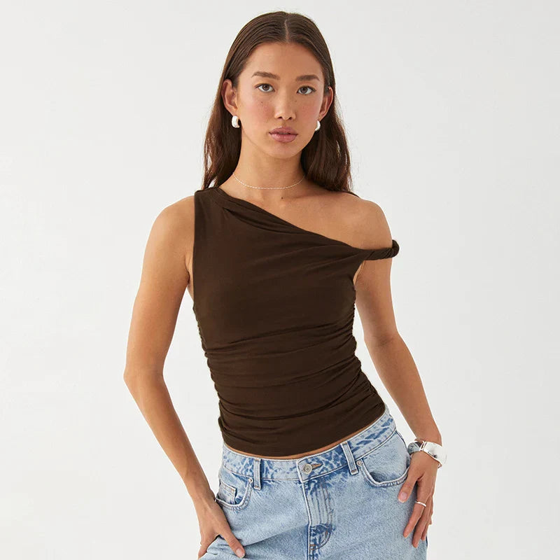 Basic Summer Tank Top Off Shoulder Ruched Tank Top