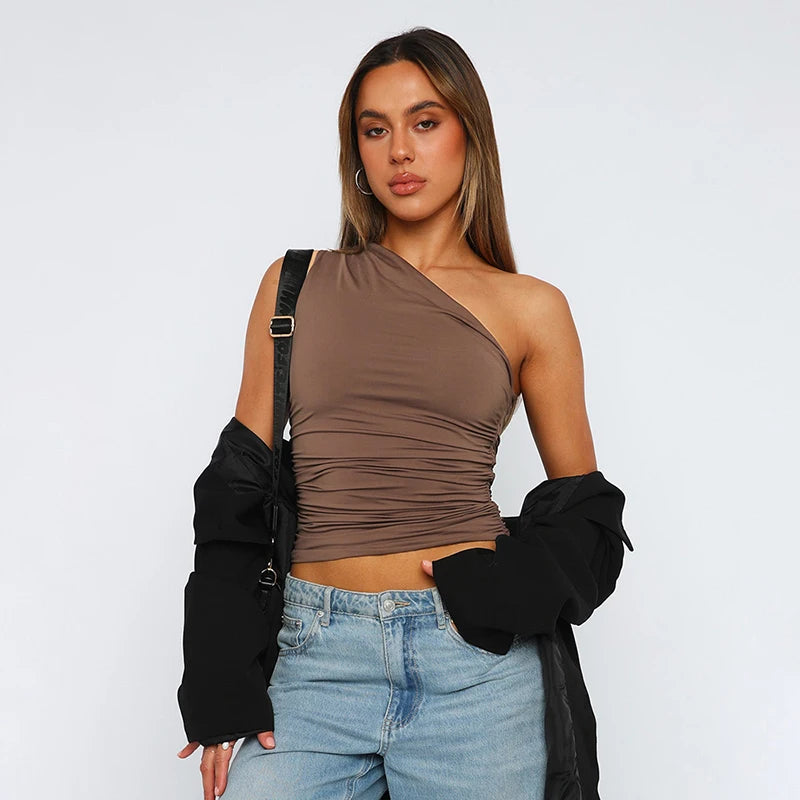 Solid Color One Shoulder Backless Tank Top T-Shirt Candy Color Sleeveless Slim Top