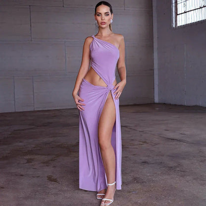 Neck Knot Sleeveless Hollow Out Waist Twisted Elegant Slim Luxury One-Shoulder Evening Gown Prom Maxi Dress