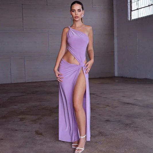 Neck Knot Sleeveless Hollow Out Waist Twisted Elegant Slim Luxury One-Shoulder Evening Gown Prom Maxi Dress