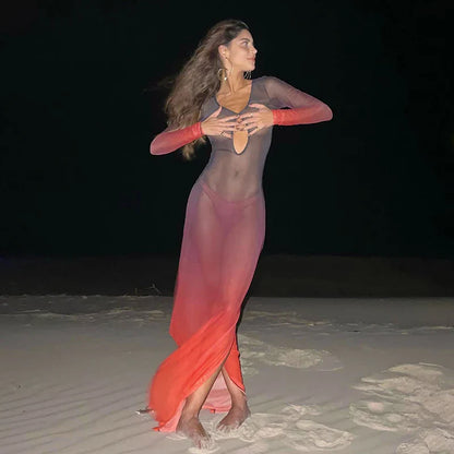 New Fashion Gradient Mesh Deep Collar Hollow Long Sleeve Transparent Sexy Split Charming Women's Maxi Dresses