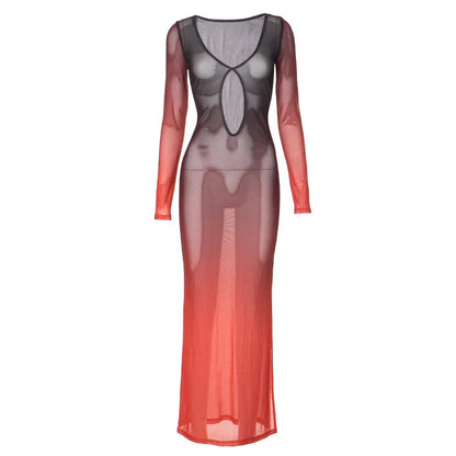 New Fashion Gradient Mesh Deep Collar Hollow Long Sleeve Transparent Sexy Split Charming Women's Maxi Dresses