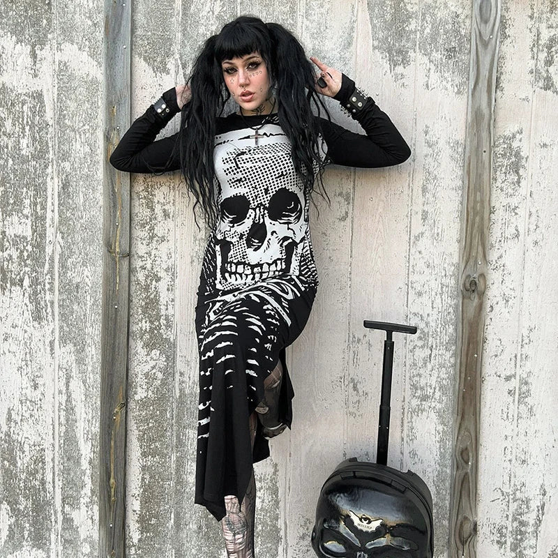 Gothic Skull Bones Skeleton Print O Neck Long Sleeve Split Casual Autumn Streetwear Maxi Dress