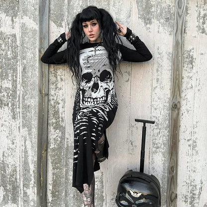 Gothic Skull Bones Skeleton Print O Neck Long Sleeve Split Casual Autumn Streetwear Maxi Dress