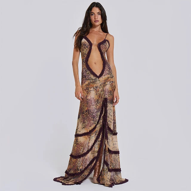 Women Noble Furry Halter Sleeveless Hollow Dress Camisole Shrunk Split Wave Cut Dress Luxury Prom Occasion Evening Gown