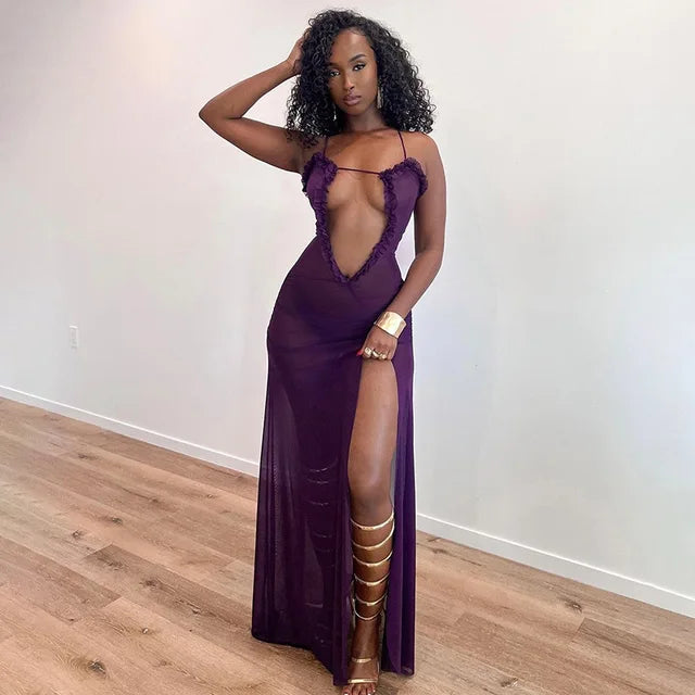 Women Noble Furry Halter Sleeveless Hollow Dress Camisole Shrunk Split Wave Cut Dress Luxury Prom Occasion Evening Gown