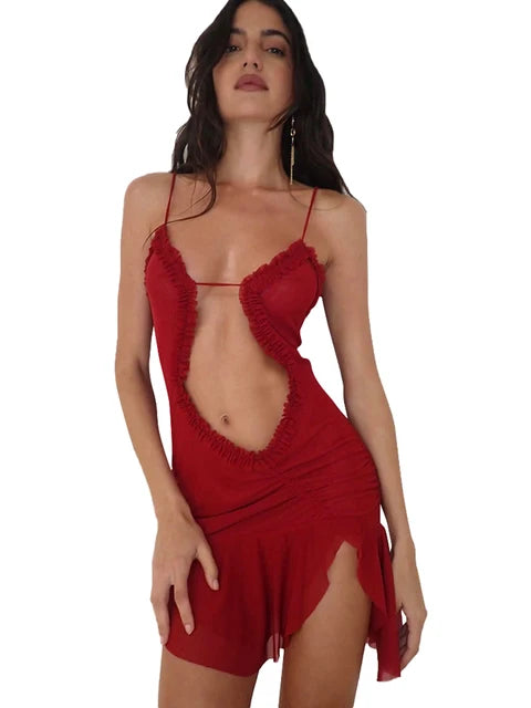Women Noble Furry Halter Sleeveless Hollow Dress Camisole Shrunk Split Wave Cut Dress Luxury Prom Occasion Evening Gown