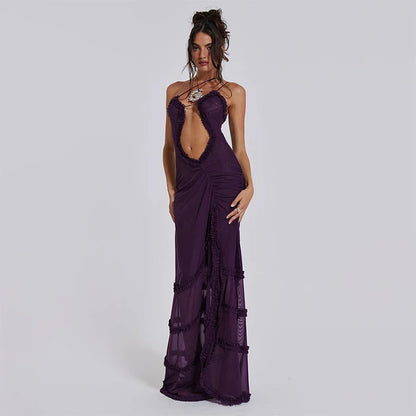 Women Noble Furry Halter Sleeveless Hollow Dress Camisole Shrunk Split Wave Cut Dress Luxury Prom Occasion Evening Gown